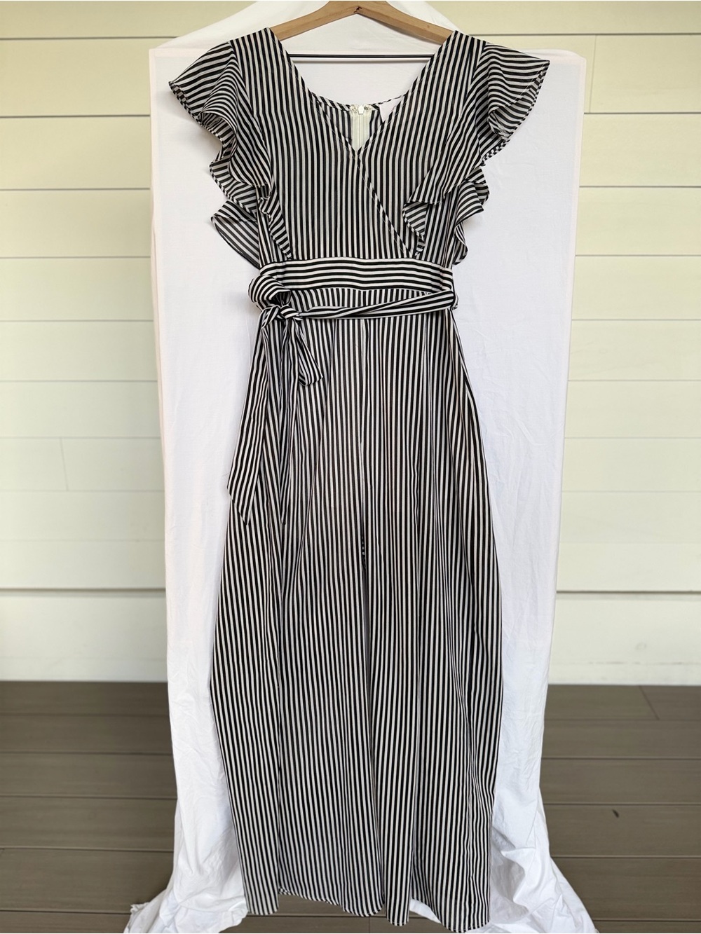 Striped Ruffle Sleeve Wide Leg Jumpsuit Tie Waist Resort Vacation XS